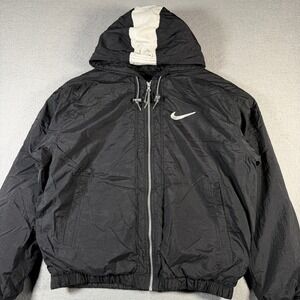 Vintage Nike Hooded Windbreaker Jacket Black White Swoosh Lightweight Womens M